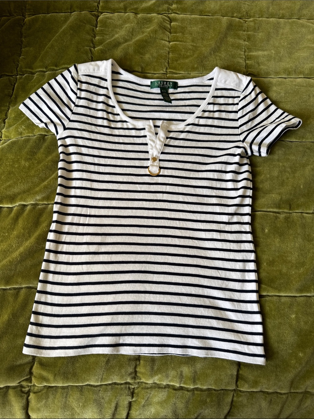 Lauren Ralph Lauren White and Navy Stripe Scoop Neck Short Sleeve Top